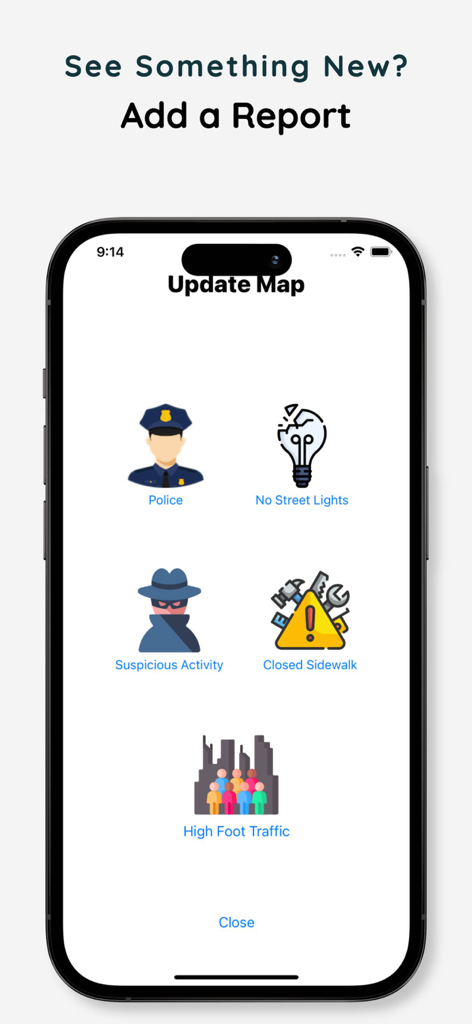SafeWalk - Walk with Safety - SafeWalk mobile app interface for adding community reports about suspicious activity, broken street lights, or police presence.