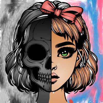 realistic girl with half skull mask