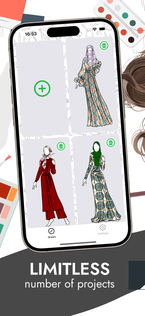 App interface displaying multiple modest fashion sketches and a limitless project management feature
