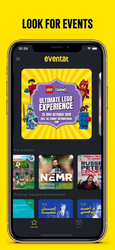 Eventat - Eventat mobile app interface displaying event categories and ticket booking options