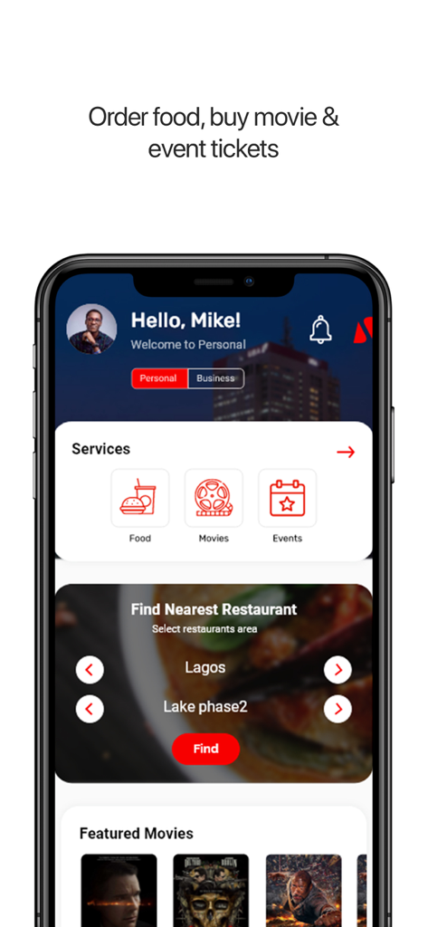 UBA Mobile Banking - UBA Mobile Banking app screen for ordering food and buying movie tickets