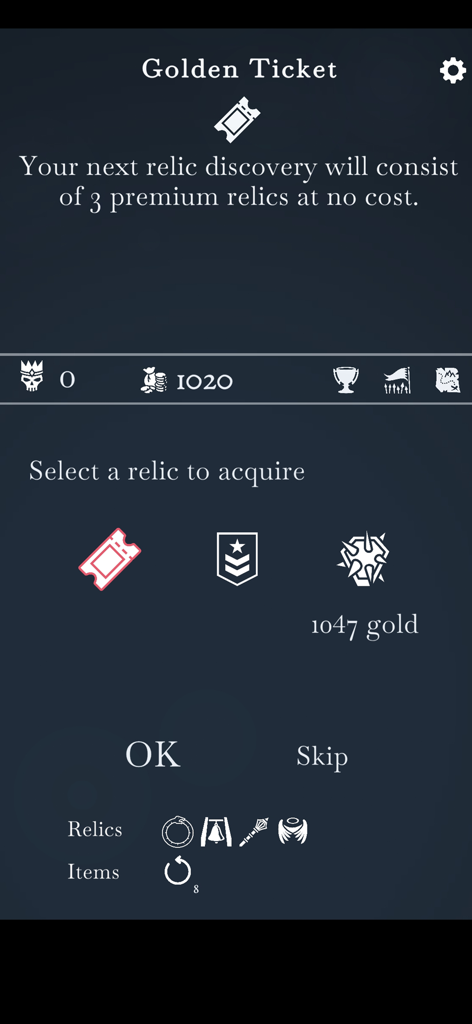 The Ouroboros King - Relic selection screen in The Ouroboros King displaying the Golden Ticket item and game stats