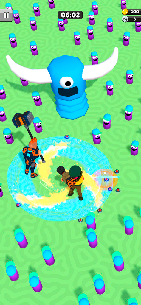 Survive Squad - Survive Squad gameplay showing a hero team fighting a giant blue horned boss