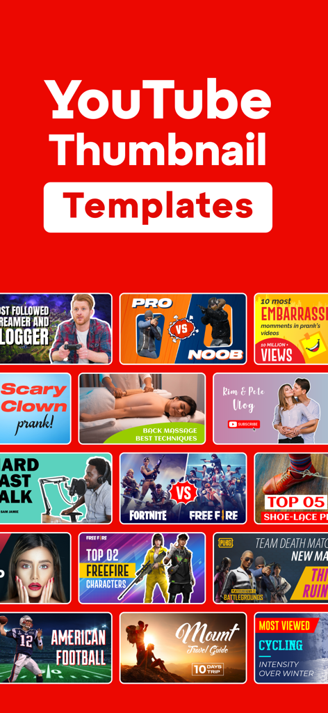 A collection of professional YouTube thumbnail templates for various categories like gaming, lifestyle, and sports