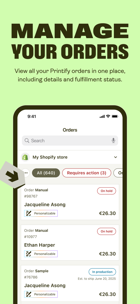 A mobile interface of the Printify app displaying a list of shop orders with fulfillment statuses like on hold and in production