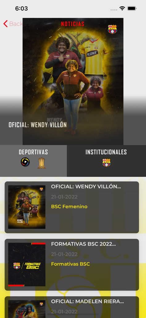 女子サッカーチームとユースカテゴリの最新情報が表示されたバルセロナSC公式アプリのニュースセクション