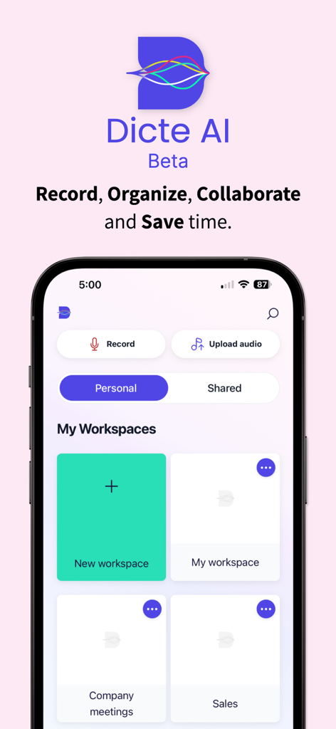 Dicte: AI Meeting Assistant - Interface de l'application mobile Dicte AI Meeting Assistant montrant les espaces de travail des réunions et les options d'enregistrement
