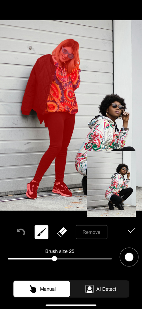 Perfect Pic—Face & Body Editor - Interfaz de la aplicación Perfect Pic que muestra a una persona seleccionada con una máscara roja para la eliminación de objetos con IA.