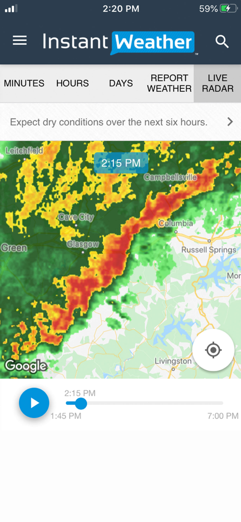 Instant Weather - Live weather radar map on the Instant Weather app displaying precipitation intensity over local cities.