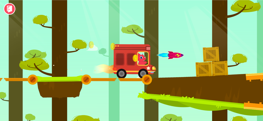 Dinosaur Car games for kids - A little dinosaur driving a red car through a forest in a preschool game