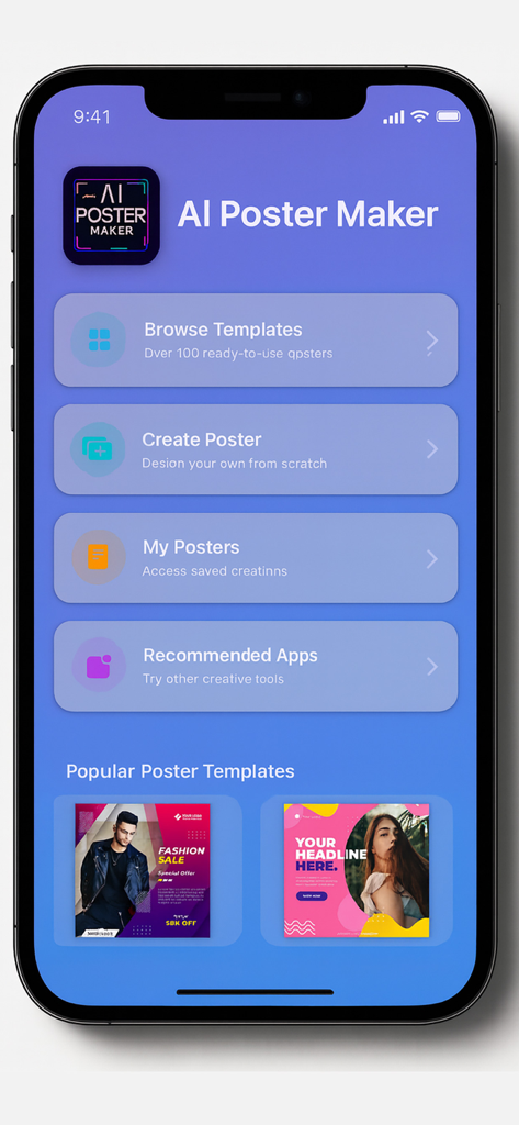AI Poster Maker - テンプレートやポスター作成オプションを示すiPhone上のAIポスターメーカーアプリのメインメニュー。
