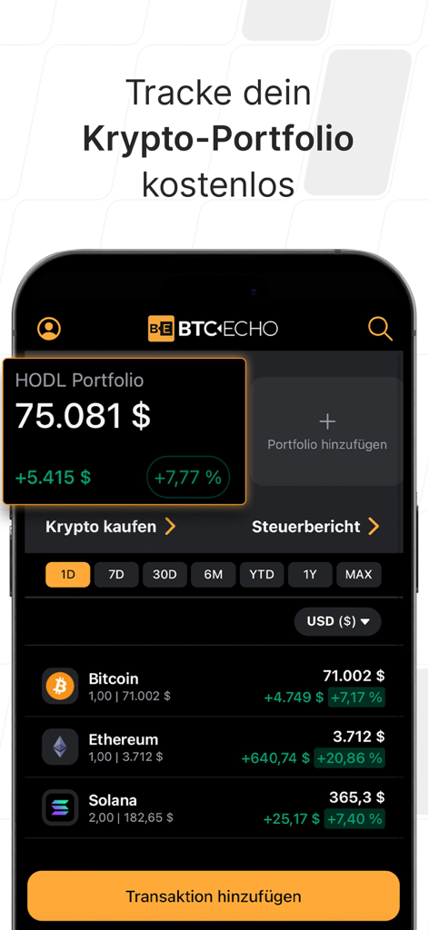 BTC-ECHO Bitcoin & Krypto News - BTC-ECHO app interface showing a cryptocurrency portfolio with live price updates for Bitcoin and Ethereum in dark mode