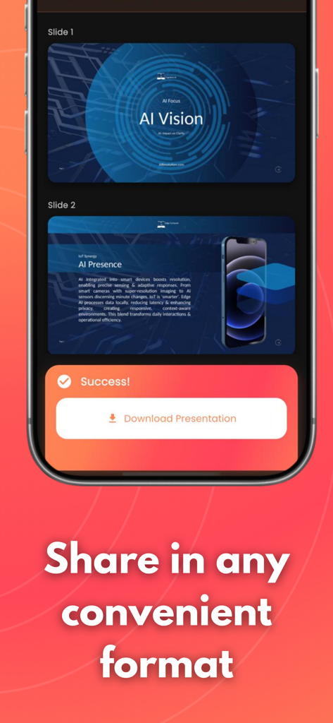 AI Slides: PPT Deck Builder - Mobile app interface showing a success message and a download button for an AI generated slide deck