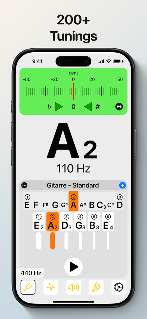 UniTuner Pro - Chromatic Tuner - Smartphone displaying UniTuner Pro app with guitar standard tuning interface and a precise A2 note reading at 110 Hz