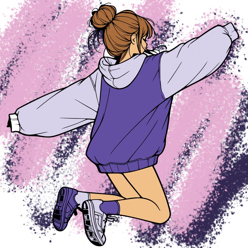 realistic girl jumping with a bun and oversized sweatshirt