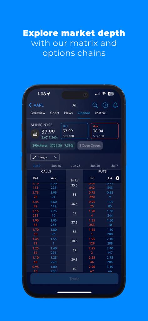 Interfaccia dell'app mobile TradeStation che mostra una catena di opzioni dettagliata con call, put e prezzi d'esercizio per l'analisi della profondità del mercato.