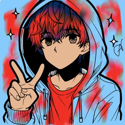 teenage manga boy in a hoodie, doing ✌
