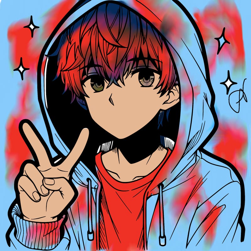 teenage manga boy in a hoodie, doing ✌