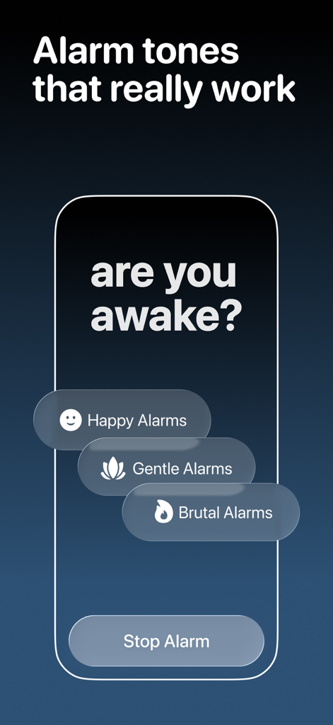 Awake: Smart Alarm Clock - Awake app interface showing different alarm sound categories including Happy Gentle and Brutal alarms.