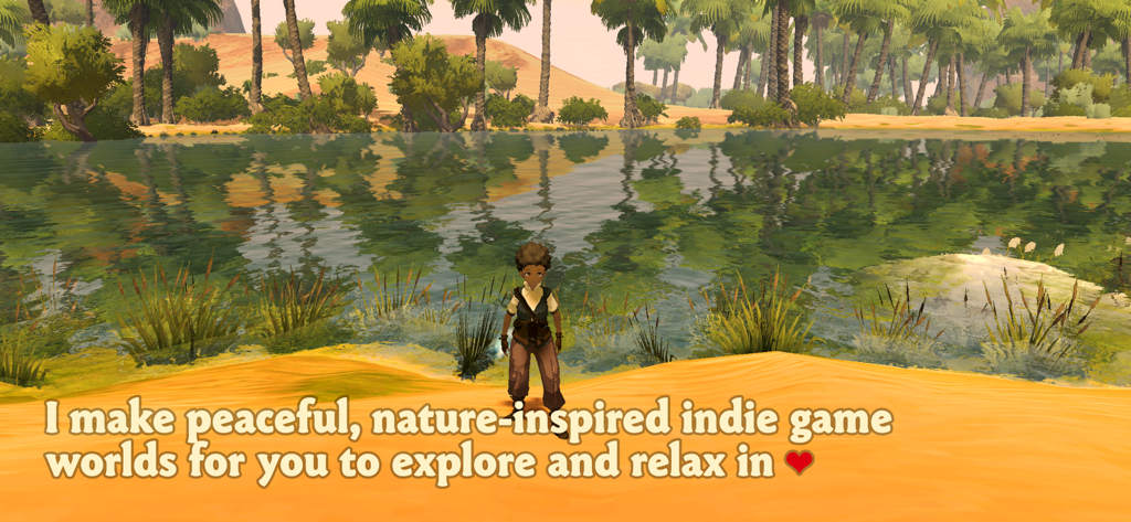 Wilderless: Dune Barrens - A character standing by a calm lake in a desert oasis with palm trees from the indie game Wilderless Dune Barrens