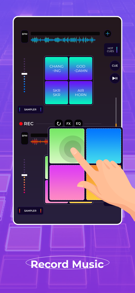 Interfaz de la aplicación móvil para DJ Music Mixer con una función de grabación de música y almohadillas táctiles coloridas