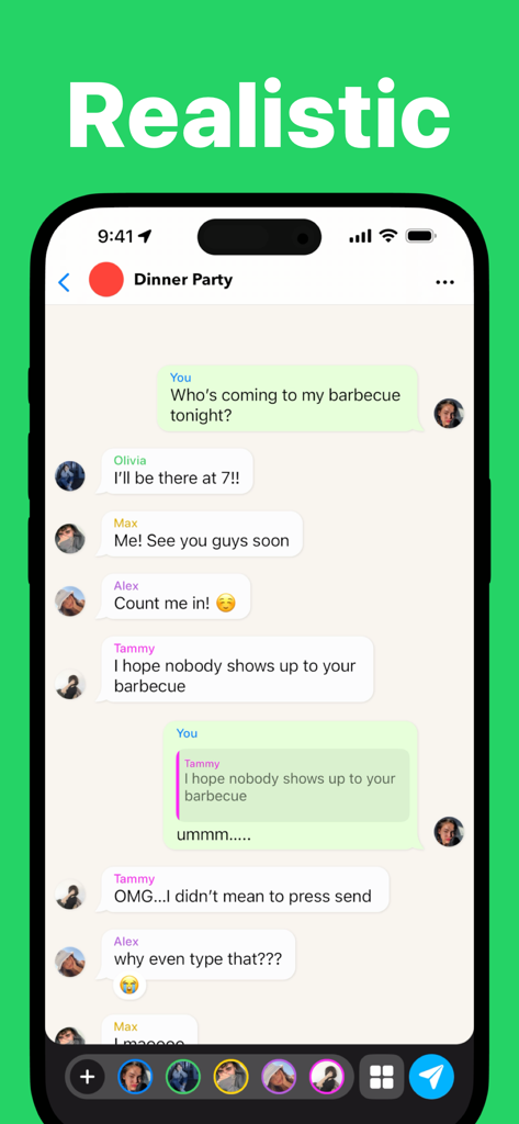 Text Story Maker - ChatTales - 여러 등장인물 간의 극적인 대화를 보여주는 ChatTales 앱의 사실적인 그룹 채팅 인터페이스.