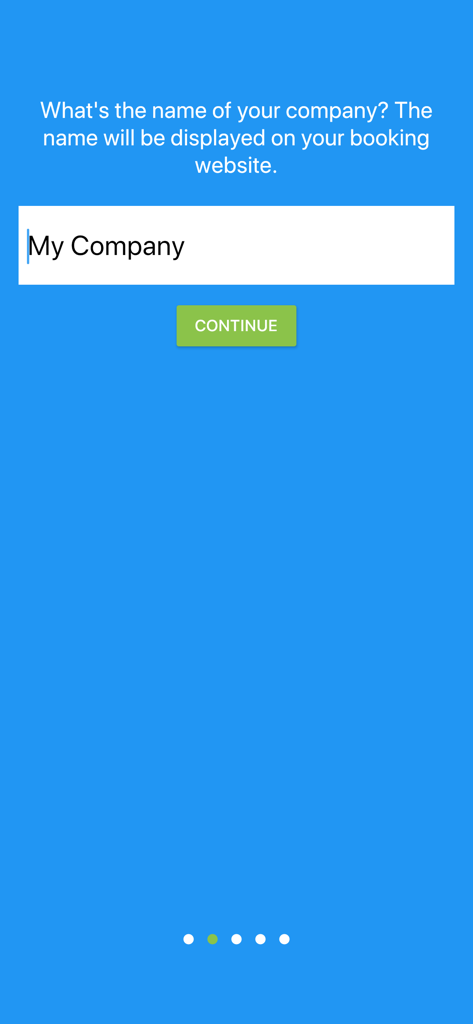 Mobile app onboarding screen asking for company name to build a booking website