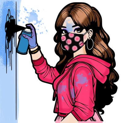 realistic girl with mask spray painting a wall