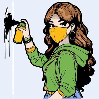 realistic girl with mask spray painting a wall