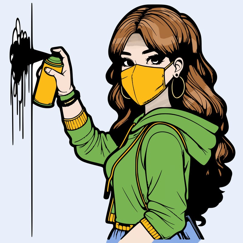 realistic girl with mask spray painting a wall