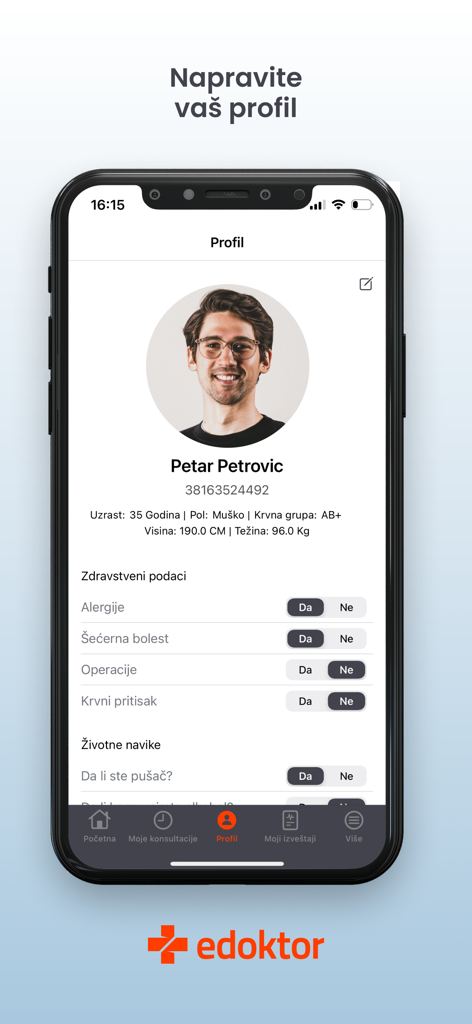 eDoktor - A mobile screenshot of the eDoktor app showing a user profile with medical history and personal health data