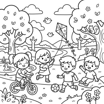 Explore the boundless joy of childhood with this adorable Kawaii coloring page featuring children playing happily outdoors. It's a perfect scene for young artists to bring to life with vibrant colors.