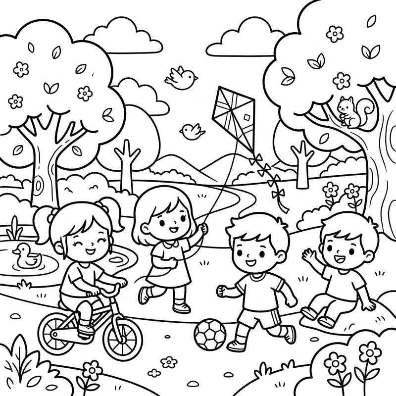 Explore the boundless joy of childhood with this adorable Kawaii coloring page featuring children playing happily outdoors. It's a perfect scene for young artists to bring to life with vibrant colors.