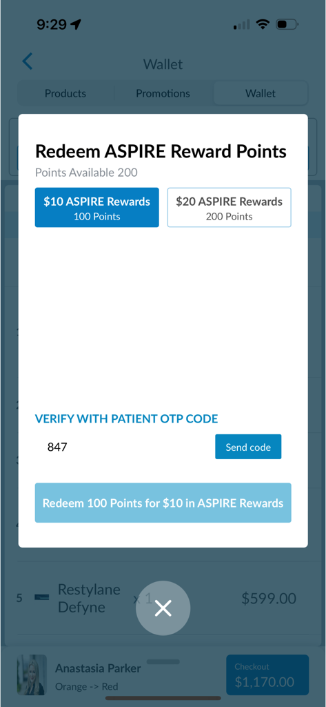 Interface for redeeming ASPIRE reward points with patient verification in the Aesthetic Record EMR app