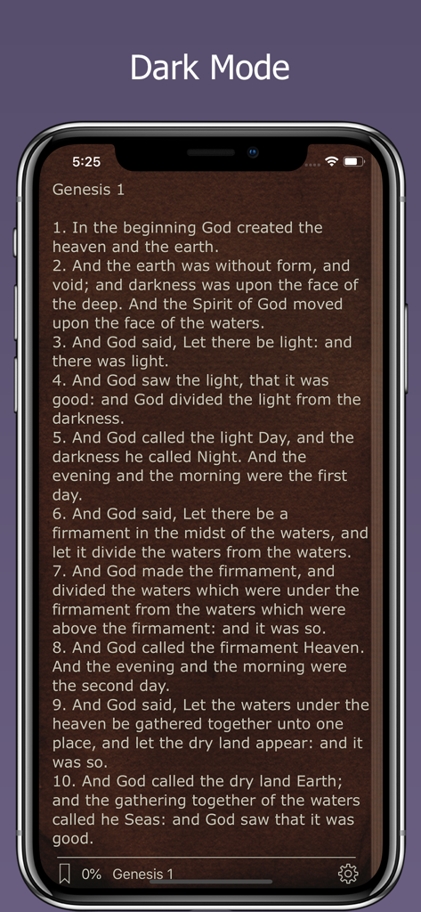 Smartphone screen displaying the Holy Bible app in dark mode showing Genesis one text