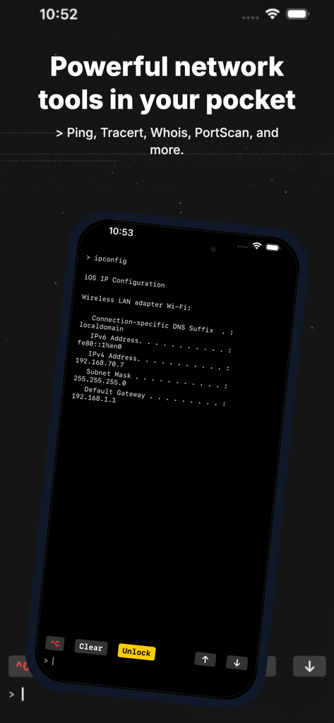 CMD: SSH, Terminal, DOS, Ping - Interfaz de terminal de la aplicación CMD que muestra los resultados de configuración de red de ipconfig en una pantalla de iPhone.
