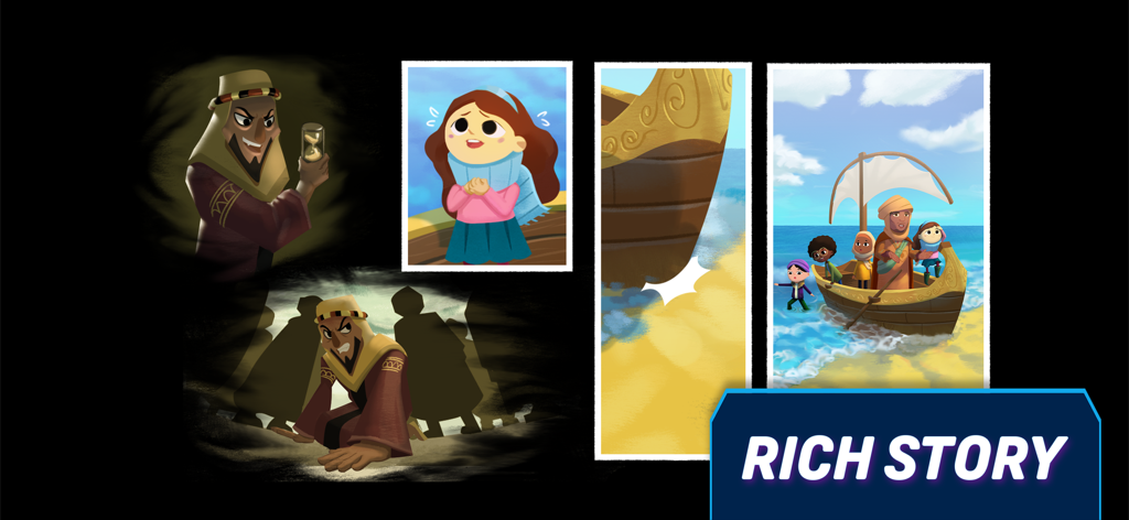 Time Hoppers - Comic style panels from the Time Hoppers game featuring diverse characters and a historical adventure story