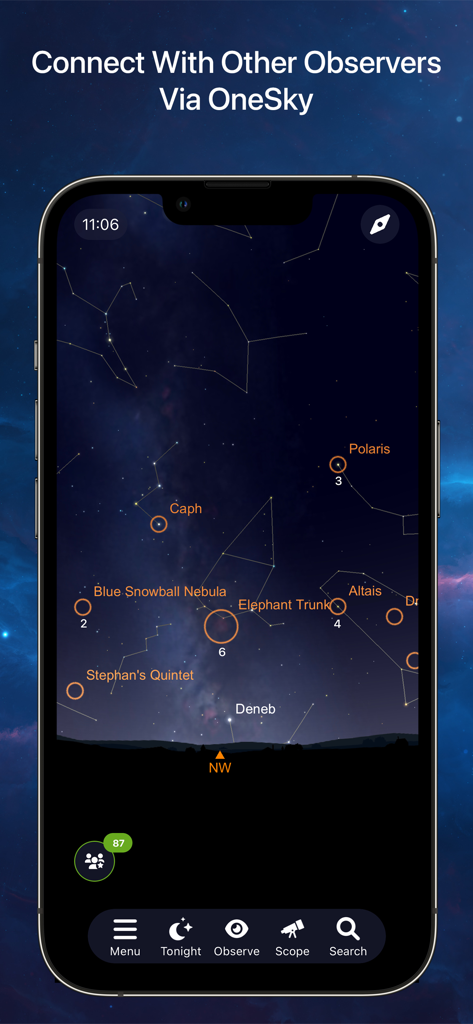 SkySafari 7 Plus - Smartphone screen showing the SkySafari 7 Plus OneSky feature where users can see real-time observations of stars and nebulae from other astronomers