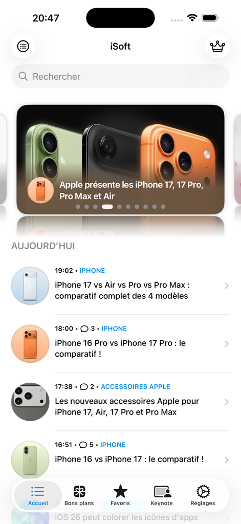 iSoft mobile app news feed with headlines about Apple products in French