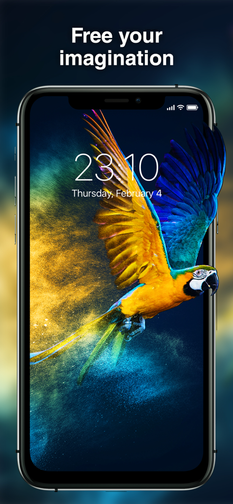 Best Wallpapers 4K - Schermo iPhone che mostra uno sfondo colorato di un pappagallo ara con il testo Libera la tua immaginazione