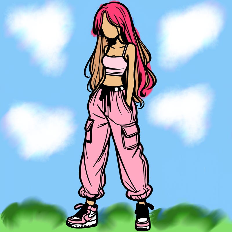 girl in baggy pants crop top and long hair