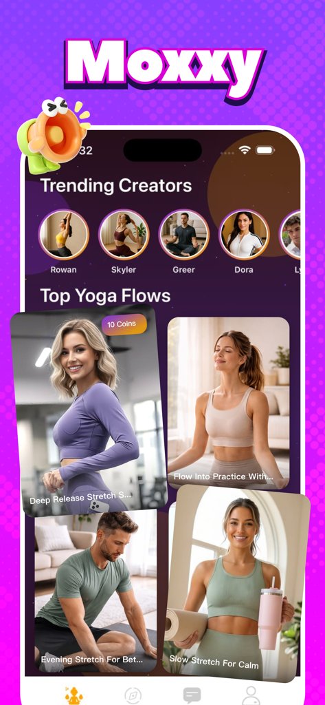 Moxxy - Moxxyアプリのインターフェース。注目のヨガクリエイターと、ディープリリースやイブニングストレッチなどの人気のビデオフローセッションが表示されています。