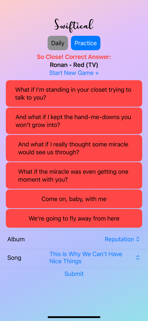 A screenshot of the Swiftical mobile game showing a Taylor Swift song lyrics puzzle