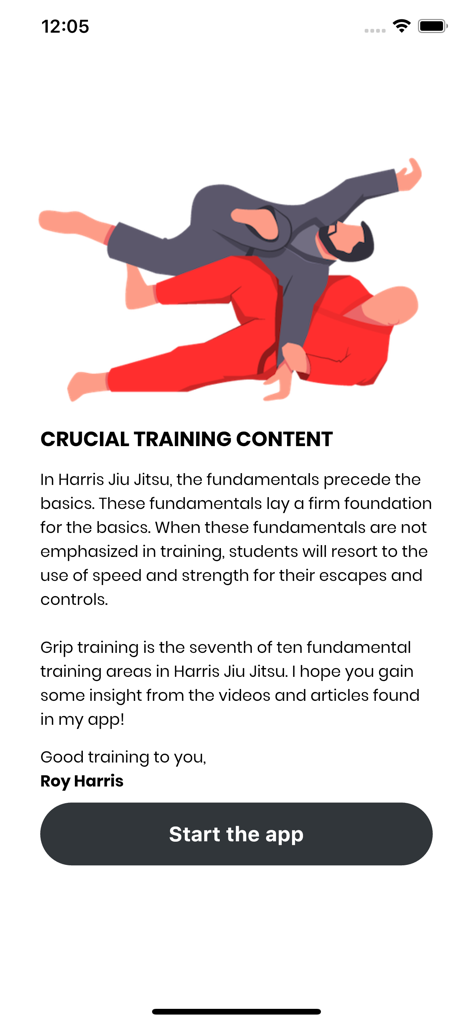 Roy Harris Grip Fighting - Introductory screen of the Roy Harris Grip Fighting app featuring a grappling illustration and text about training fundamentals