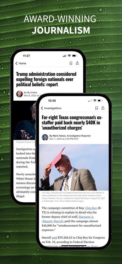 Two mobile screens displaying investigative news articles on the Raw Story app.
