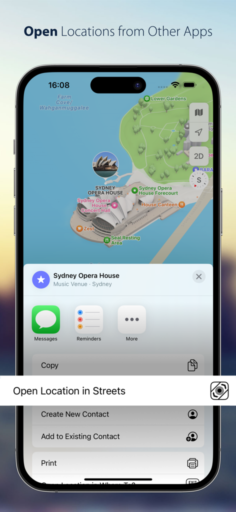 Streets - Street View Browser - Hoja de compartir de iOS que muestra la opción de abrir una ubicación del mapa en la aplicación Streets.