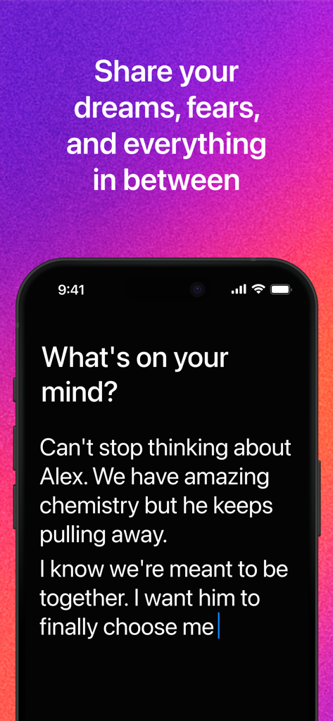 shimmer: daily affirmations - A mobile app interface from Shimmer showing a journaling prompt where a user is typing about their personal relationship struggles