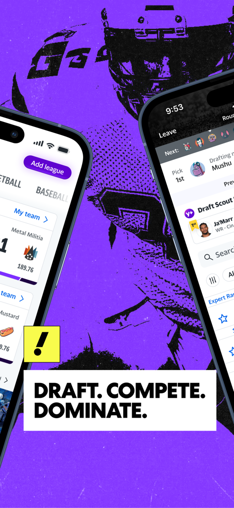 Yahoo Fantasy Sports mobile app interface with the text draft compete dominate over a purple background