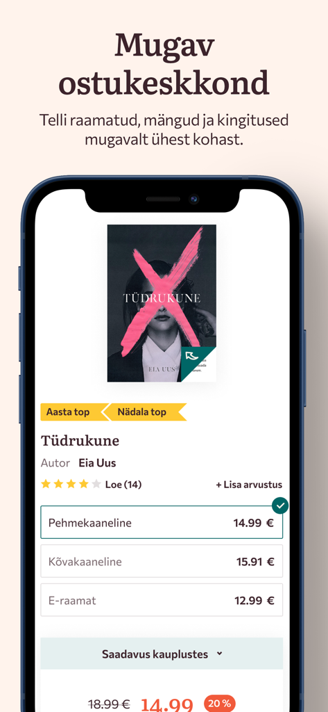Rahva Raamat app screen showing book details and various purchase formats like paperback and ebook.