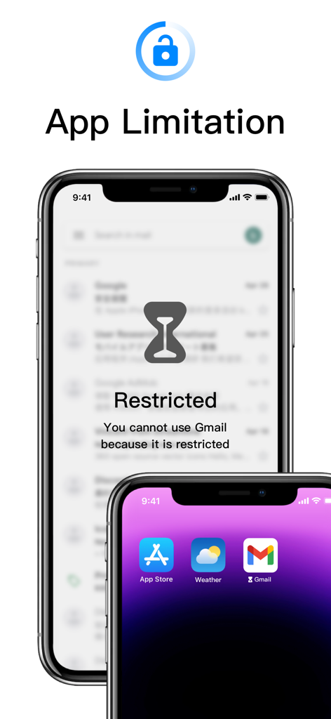 App Lock-Lock Apps, App Locker - iPhone screen showing a restricted app notification with an hourglass icon for app limitation.